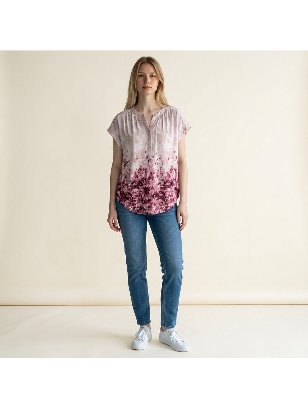 Simply Vera Vera Wang Blouse Women M Medium Beige Floral Short Sleeve 1/2 Button